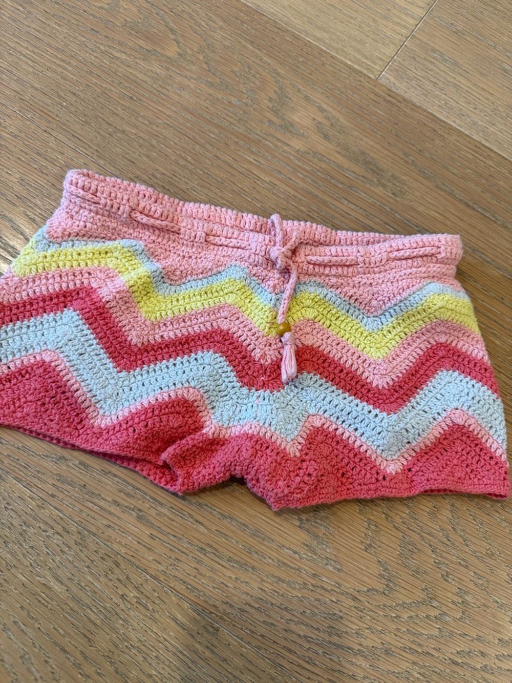 Bonpoint Pink Chevron Crochet Shorts with Multicolor Stripes